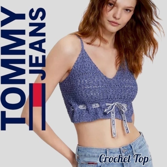 TOMMY JEANS Cropped Crochet Tie-Waist Sweater Tank Top - Picture 1 of 10